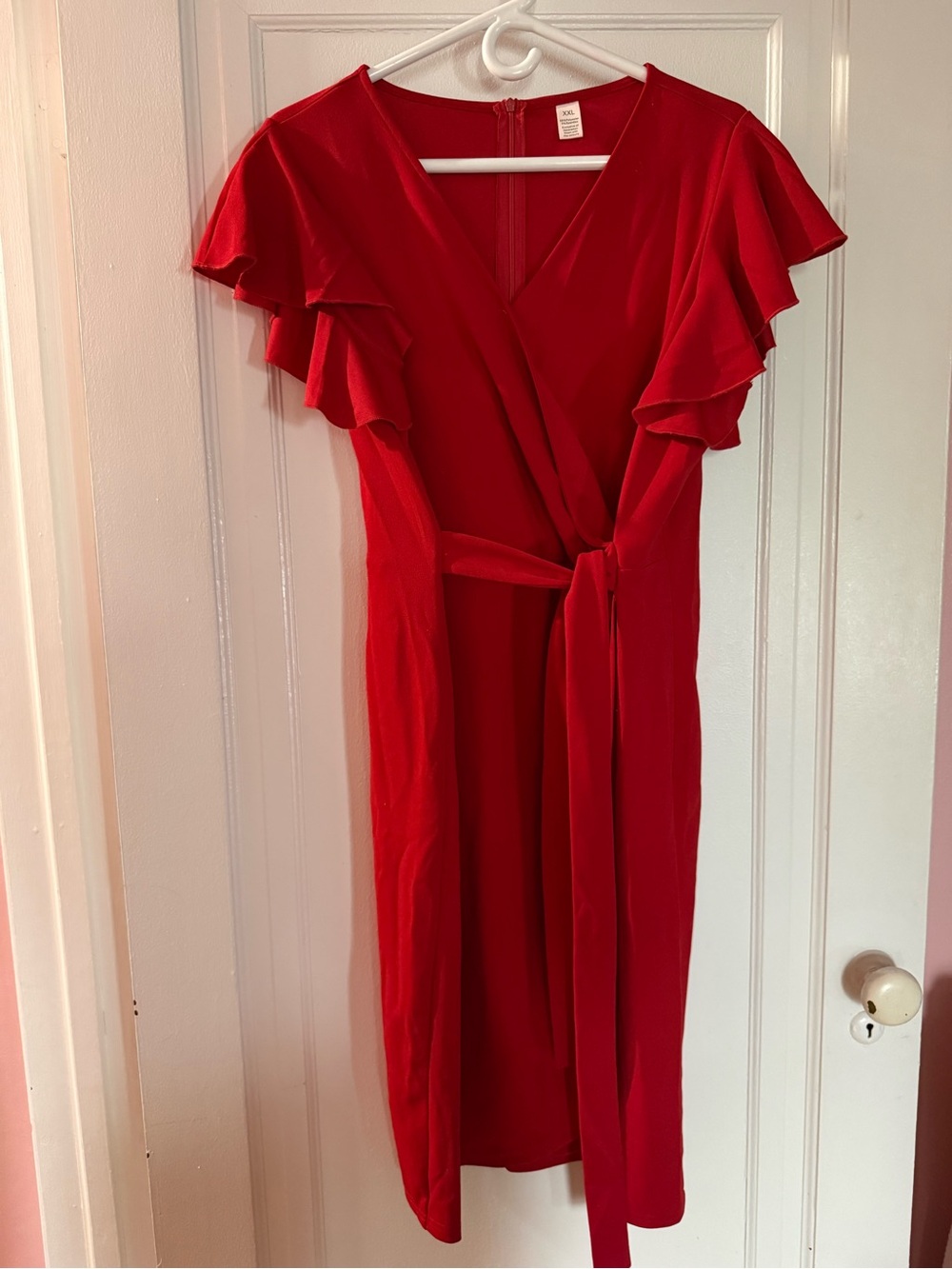 Elegant Red Wrap Midi Dress with Flutter Sleeves